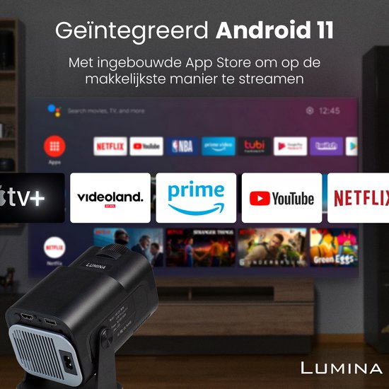 Lumina® Pro Mini Beamer 2025 – Projecteur intelligent portable 4K avec Wi-Fi 6 et Bluetooth 5.2 – Compatible avec iOS et Android – Idéal pour le home cinéma – Noir