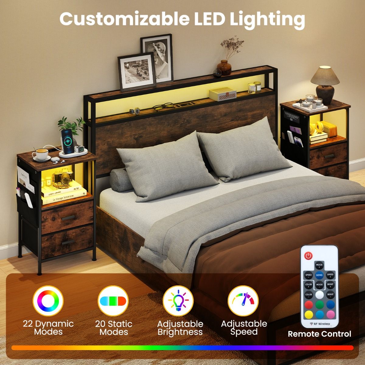 Ensemble de tables d'appoint Coast 2 pièces - avec station de recharge et éclairage LED - 2 tiroirs en tissu et 6 compartiments latéraux - marron rustique