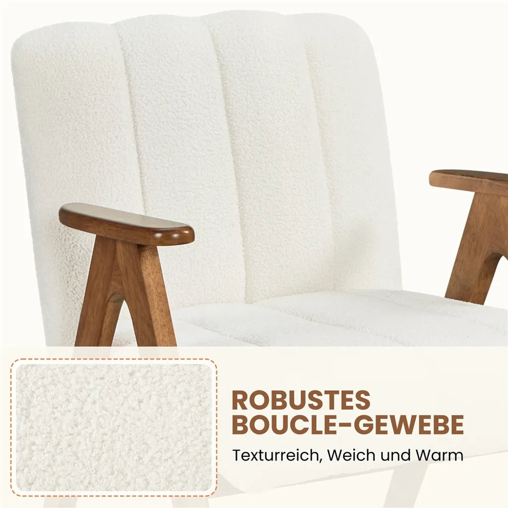 Yaheetech Armchair White - Chaise longue bouclée avec accoudoirs et pieds en bois - 60,5 x 68,5 x 73 cm
