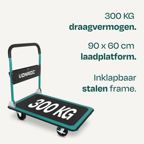 VONROC Chariot à plate-forme - pliable - capacité de charge max. 300 kg - grande plate-forme de chargement 90x60 cm - chariot de transport - avec sangles d'arrimage