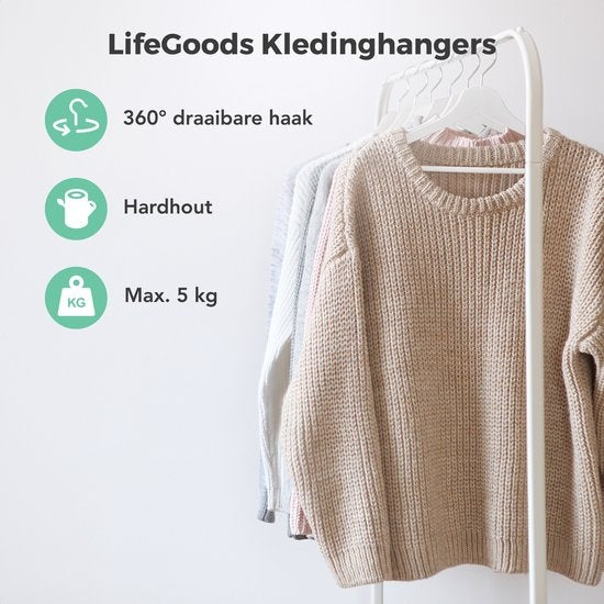 LifeGoods Cintres - avec barre de pantalon - bois dur - blanc - 30 pièces