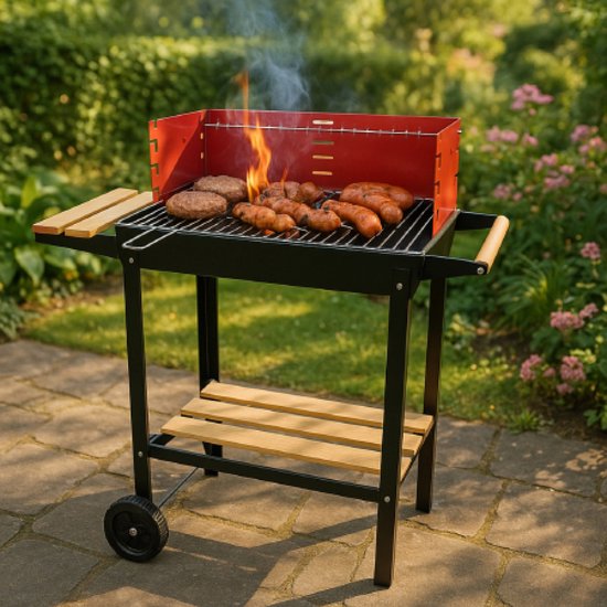 BBQ Collection Barbecue au charbon de bois - Barbecue au charbon de bois avec roulettes - Grille réglable et pare-vent - Barbecue avec table d'appoint - Noir