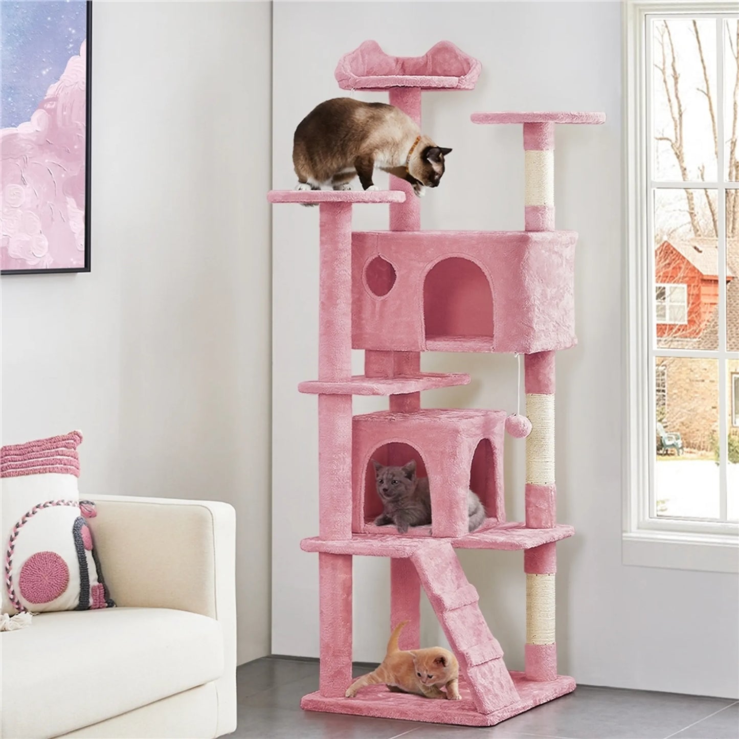 Yaheetech Cat Post XXL avec 3 plateformes d'observation - équipé de 2 maisons pour chats et de 3 griffoirs et d'un dispositif anti-fugue - pour les foyers avec plusieurs chats - peluche rose et sisal - 54 x 54 x 178 cm
