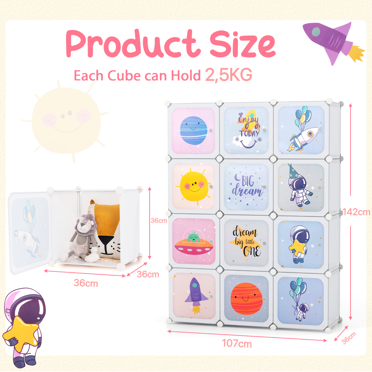 Coast Armoire pour enfants - 2 sections suspendues et 12 compartiments - Portes en forme de dessins animés - Blanc - 107 x 36 x 142 cm