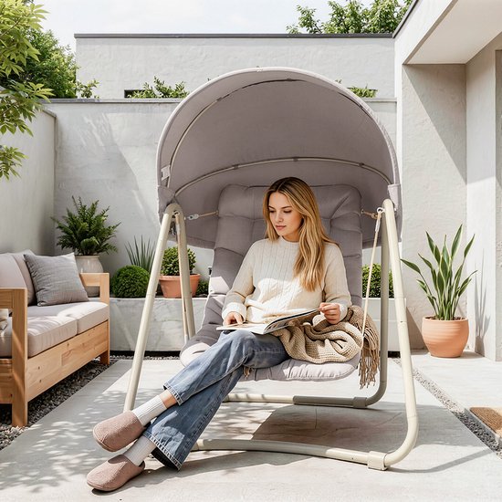 SoBuy OGS62-MI Fauteuil à bascule avec parasol réglable - Pour l'intérieur et l'extérieur - Hamac et chaise de jardin d'extérieur - beige, 108 x 126 x 163 cm