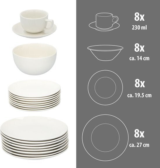 Service de table Alpina pour 8 personnes - Service en faïence 40 pièces - Ensemble comprenant des assiettes de petit-déjeuner, des assiettes plates, des bols, des tasses et des soucoupes - Service de table compatible avec le lave-vaisselle et le micro-ond