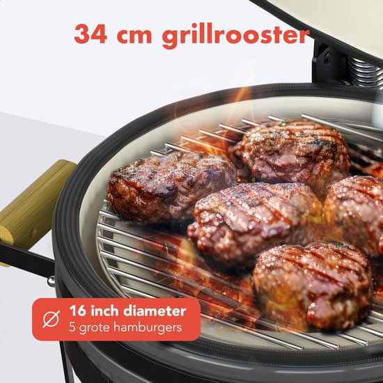 KitchenBrothers Kamado BBQ - 16 Inch Charcoal Barbecue - 34⌀ cm - PFAS-free - Deluxe Set - Egg BBQ with Accessories - Grey