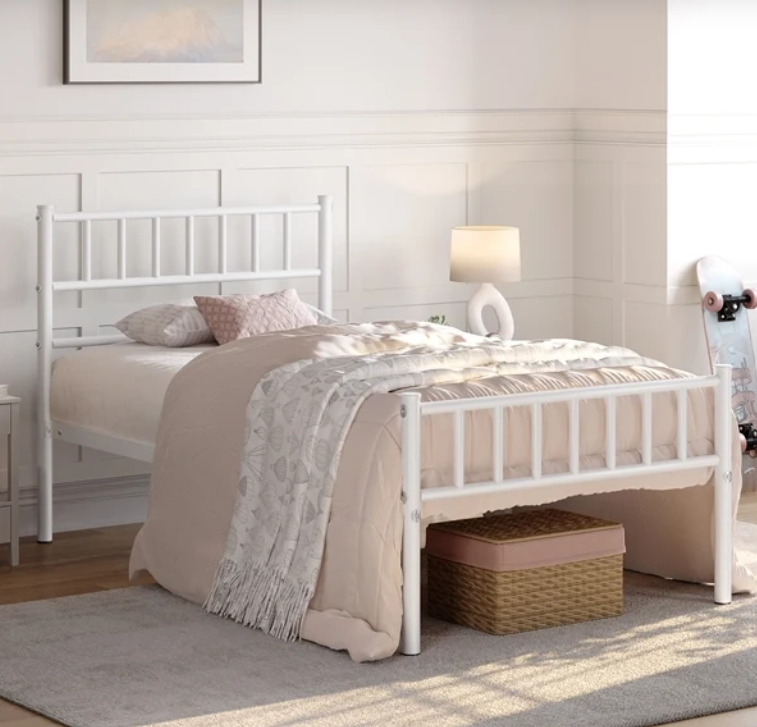 Cadre de lit en métal Yaheetech 90 x 190 cm - Blanc - 204 kg - Espace de rangement sous le lit de 32 cm - Avec tête et pied de lit