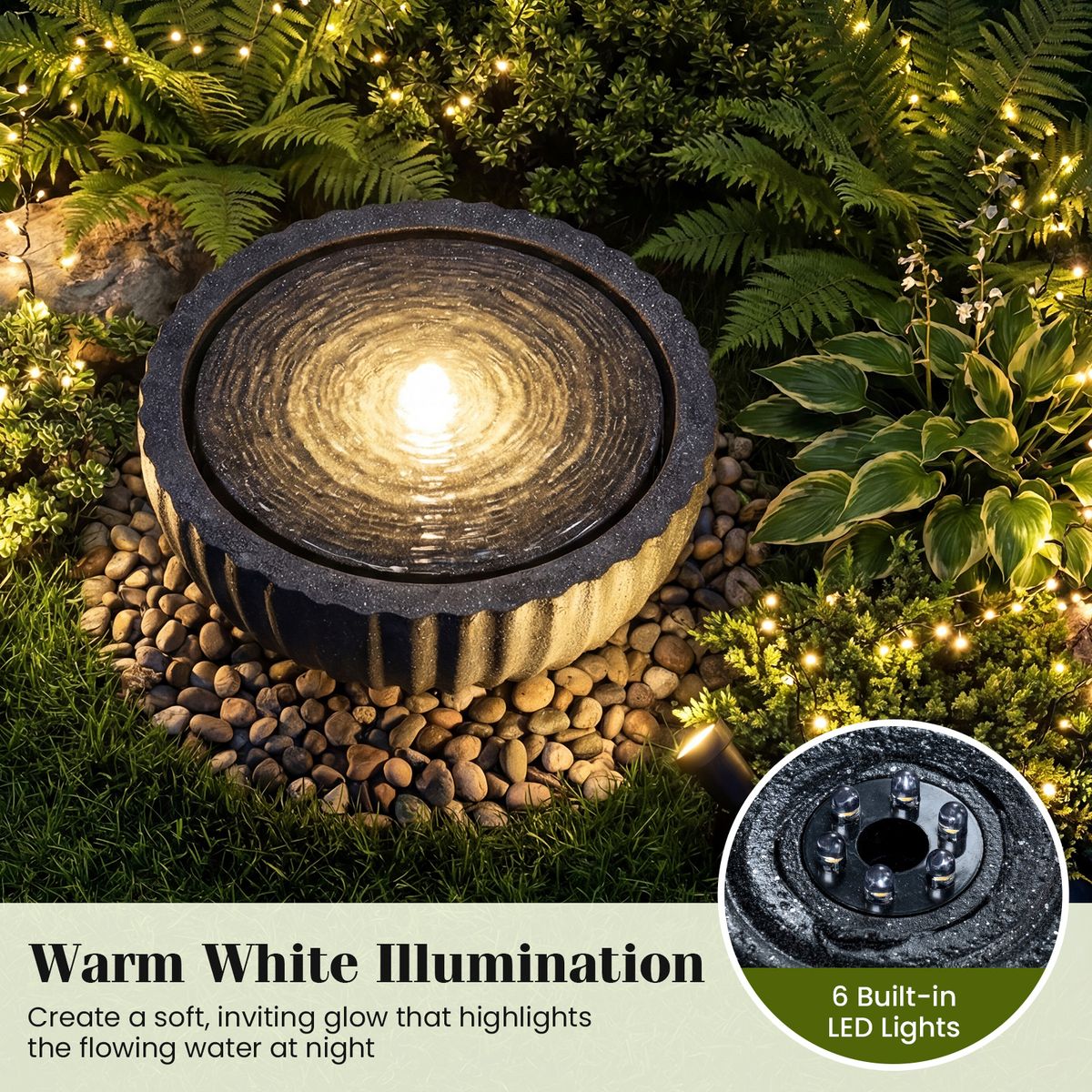 Fontaine de jardin ronde Coast - avec éclairage LED - aspect pierre - 45 x 45 x 23,5 cm - noir