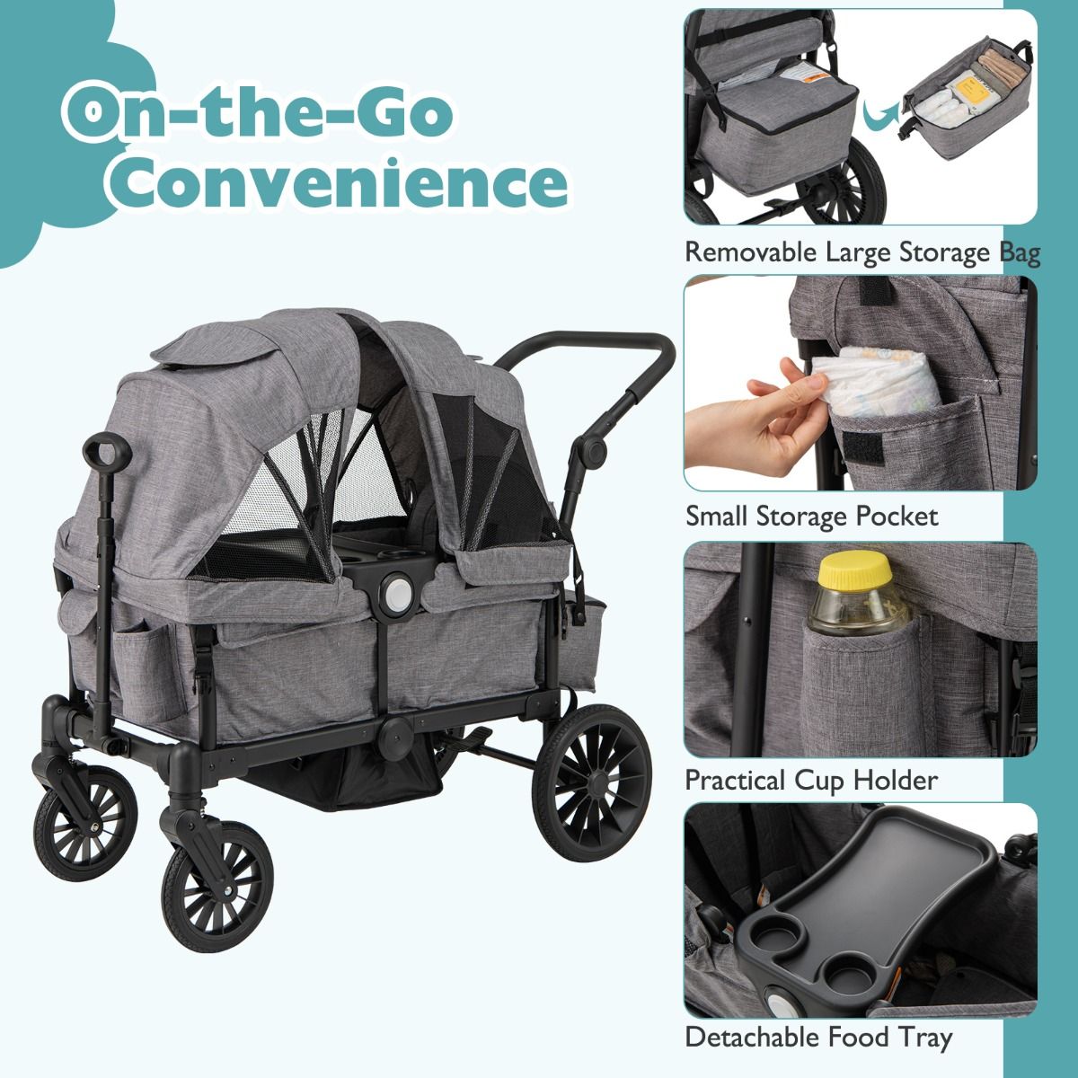 Coast 2-in-1 Foldable Geschwisterwagen - Gris - 104 x 57 x 107 cm - Poignée réglable et capuchon amovible