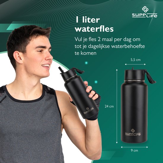 Supplife Luxe : bouteille isotherme / gourde en acier inoxydable - 1 litre - Sans BPA et étanche - Bouteille d'eau avec paille - Isolation à double paroi - Tasse isotherme - Bouchon verseur et bouchon avec paille - Brosse de nettoyage incluse - Noir