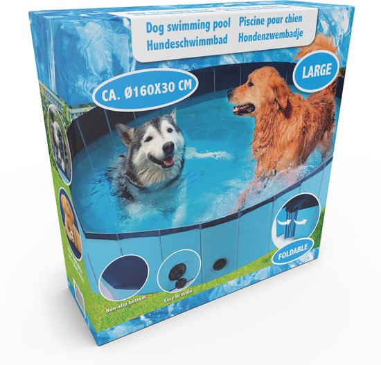 maxxpro Piscine pour chien - 160 x 30 CM - grandes races de chiens - Baignoire pour chien pliable - fond antidérapant - avec valve de vidange - bleu