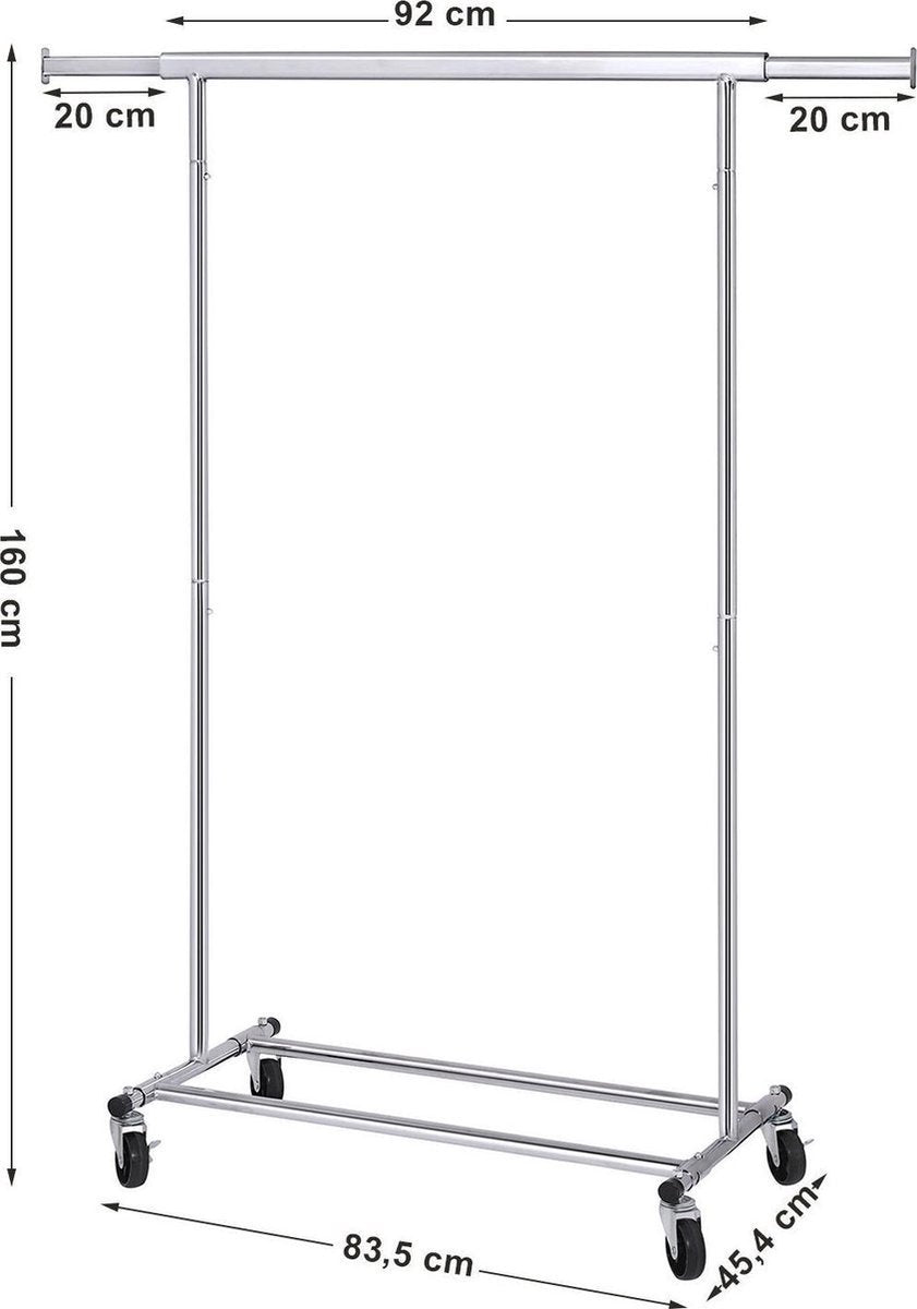 O'DADDY® Porte-manteau à roulettes - Porte-armoire - Porte-manteau ajustable - Porte-manteau extensible 92-132 cm - 90 kg chargeable - Métal - Argent