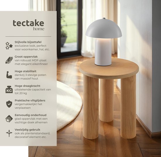 tectake® Table d'appoint ronde Sisi - Ø 40 x 45,5 cm - Pieds en bois massif - Table basse - Table de lit - Table ronde avec protections antidérapantes pour le sol