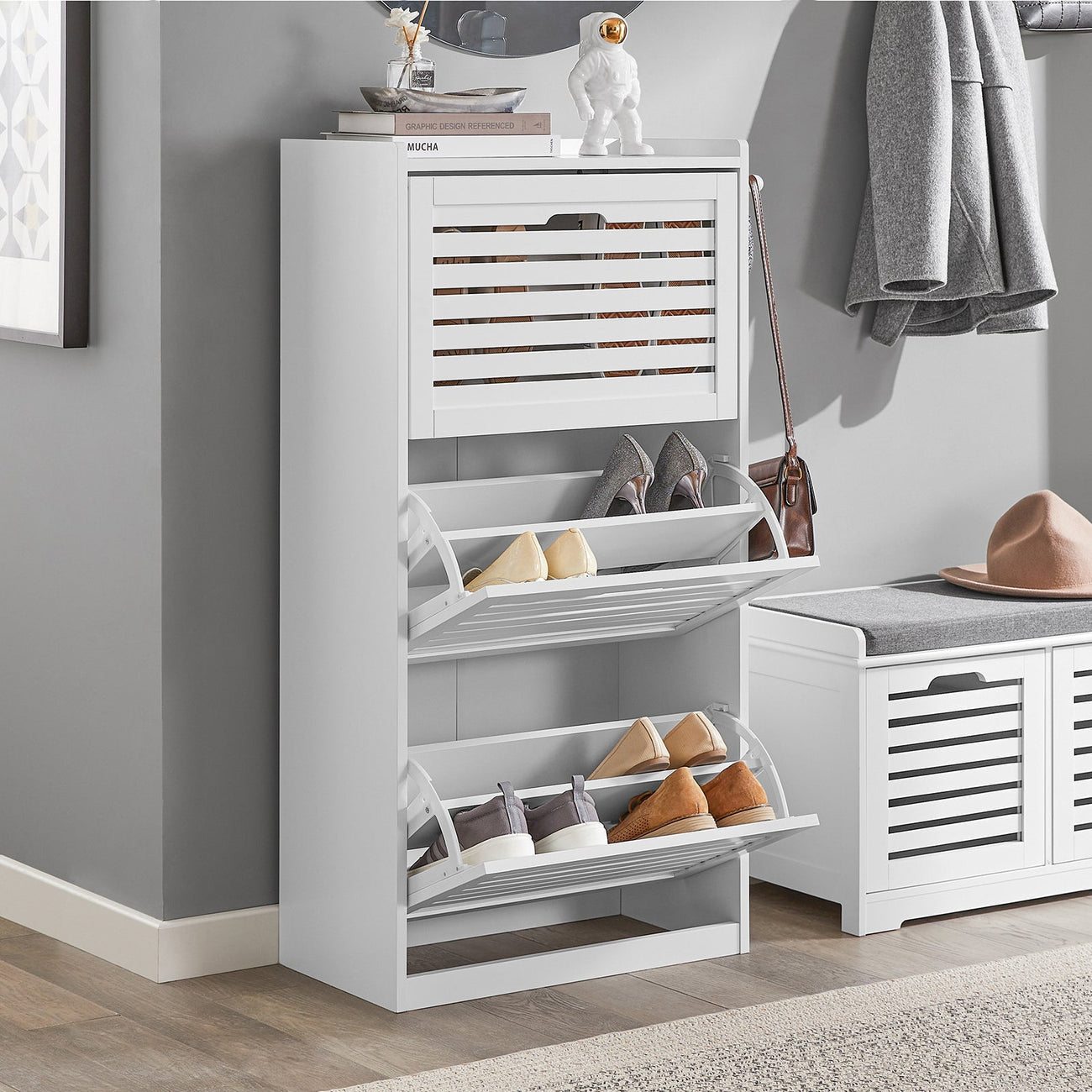 SoBuy FSR119-W Meuble à chaussures avec 3 tiroirs - 55 x 30 x 112 cm - Blanc