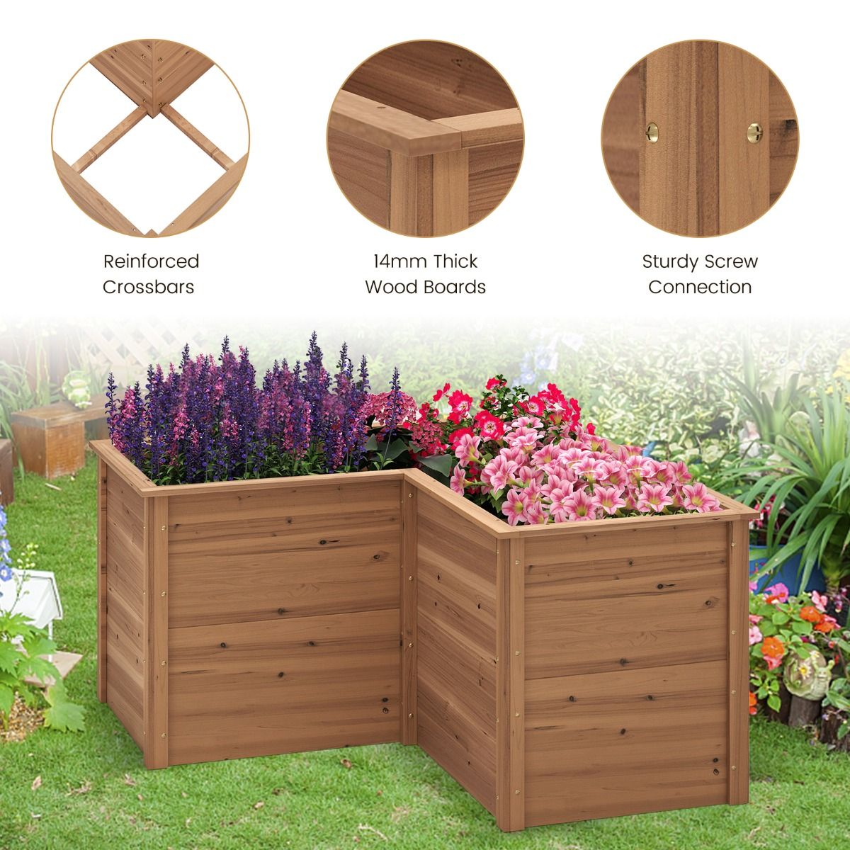 coast - Bac potager carré en bois 120x120x63 cm - Pin naturel - Base ouverte en forme de L - Marron