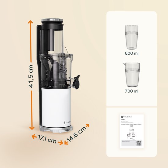 KitchenBrothers Slowjuicer - Vertical - Presse-agrumes - Presse-légumes et fruits - 80 mm - 750 ml - Blanc nacré / Blanc