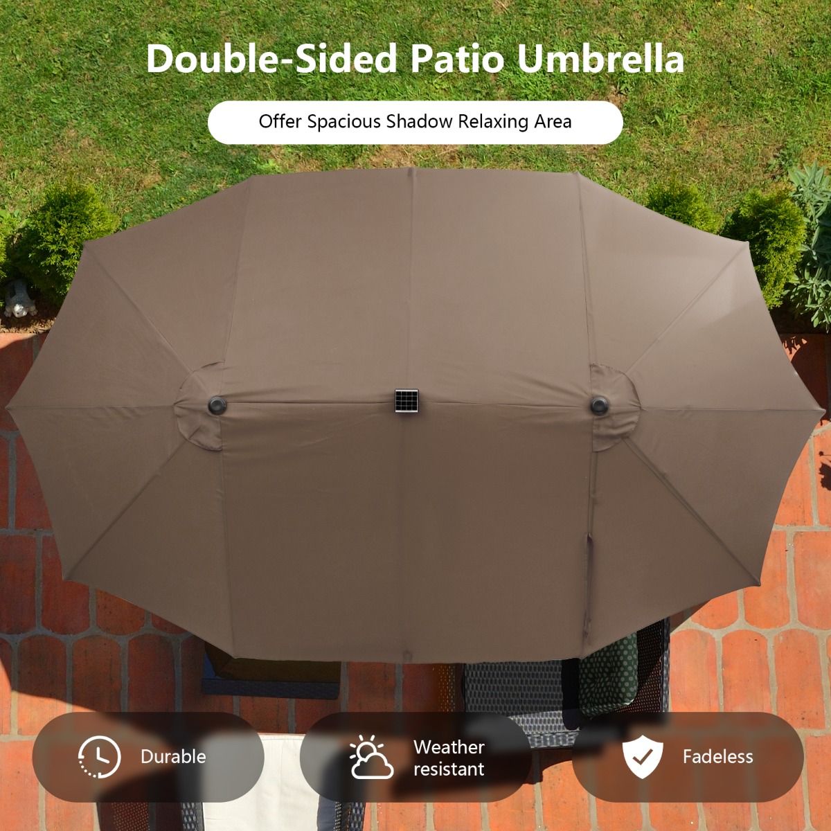 Parasol de terrasse double face Coast 470 x 280 cm - 48 LED avec panneau solaire - Système à manivelle - Marron