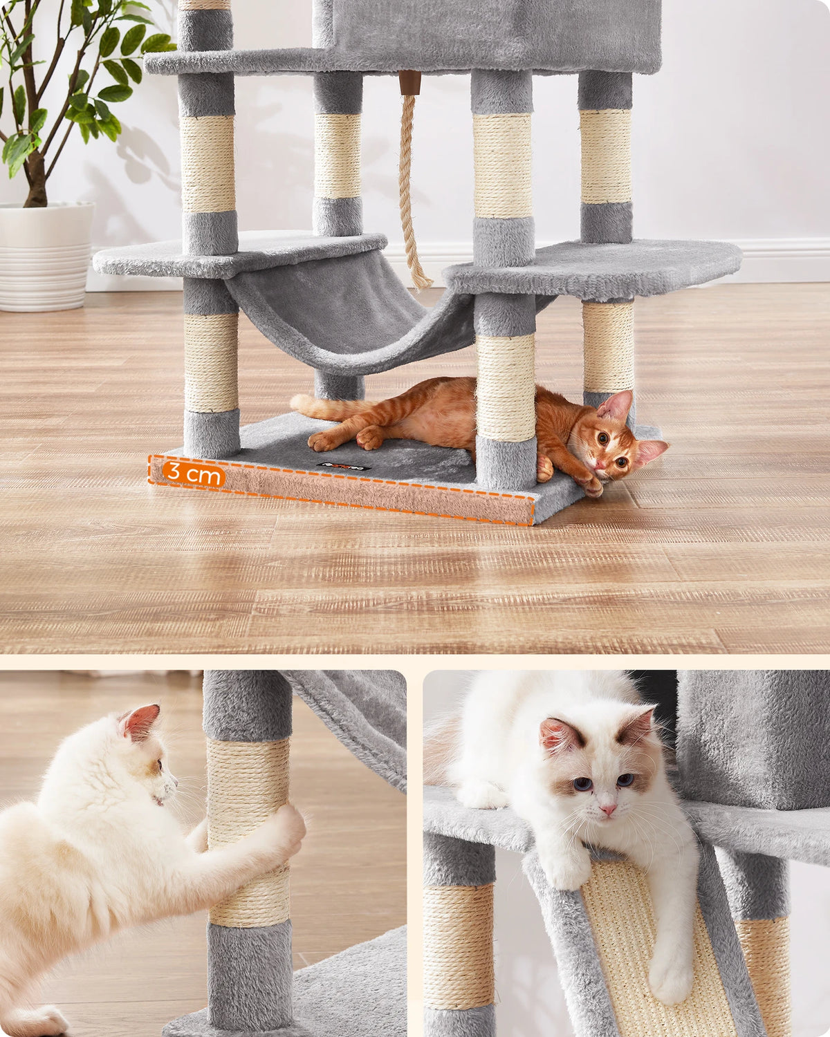 JOYFURNOS Grand arbre à chat 168 cm - 14 zones à griffer, 2 perchoirs, 2 niches, hamac et panier - Gris clair - 55 x 45 x 168 cm