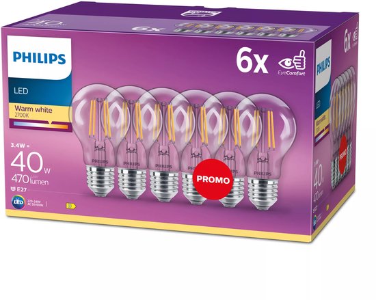 Ampoule LED Philips - Forme standard avec culot E27 - Lumière blanc chaud : 2700 K - 40 W - Verre transparent - Lot de 6