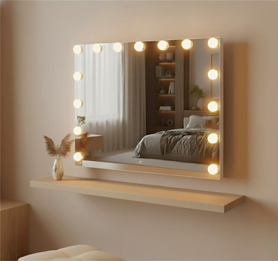 Miroir OMNIEXA Hollywood 58 × 46 cm – 15 ampoules LED – 3 couleurs de lumière – Intensité réglable – Grossissement 10x – USB-C – Miroir de maquillage – Miroir de coiffure – Coiffeuse – Blanc