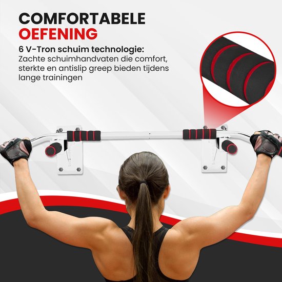TTD® Premium Pull Up Bar - Pull Up Station - Wall Mount Pull Up Bar - Dip Station - Dip Bars - Home Sports - Home Fitness - Premium materials - Extra sturdy mounting parts - Home workout - White/Red
