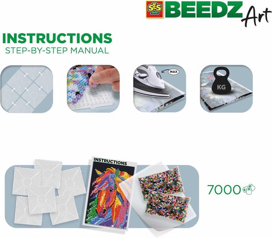 SES Beedz Art - Fantaisie chevaline - 7000 perles de fer - oeuvre d'art en perles de fer - set complet avec plaques de base et feuille de repassage