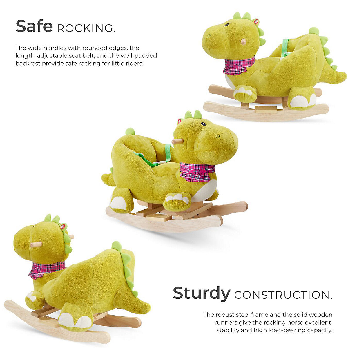 Cheval à bascule Tectake « Dinosaure » 50 cm - Bois/peluche - Effet sonore - Vert