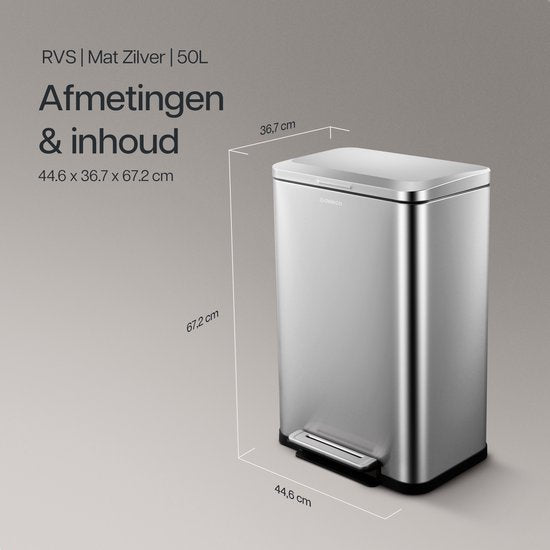 Deleca Trashcan Prestige - 50 Litres - Large - Poubelle / Corbeille à papier / Poubelle à pédale en acier inoxydable - Avec pédale et fermeture lente - Argent mat