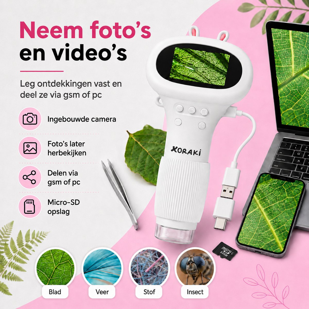 Microscope numérique Koraki® pour enfants - Écran LCD - 30x-50x - Appareil photo - Carte Micro-SD