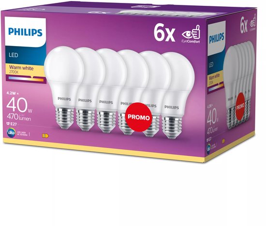 Ampoule LED économe en énergie Philips Mat - 40 W - E27 - lumière blanc chaud - 6 pièces - Économisez sur les coûts énergétiques