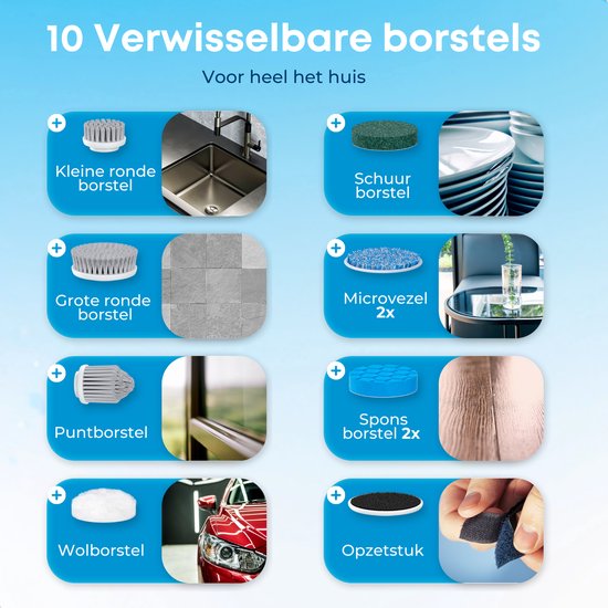 Beepro - Brosse de nettoyage électrique - Brosse avec manche - 10 accessoires