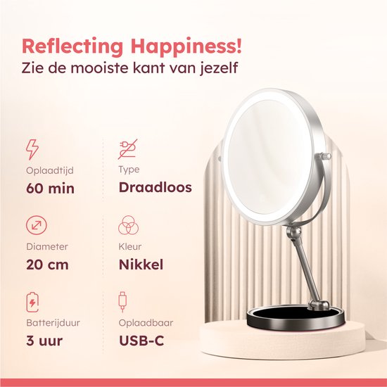 Fraay® Miroir de maquillage avec éclairage LED - grossissement 10x - Miroir grossissant avec lumière - rechargeable - Miroir de rasage - Miroir de salle de bain - Nickel