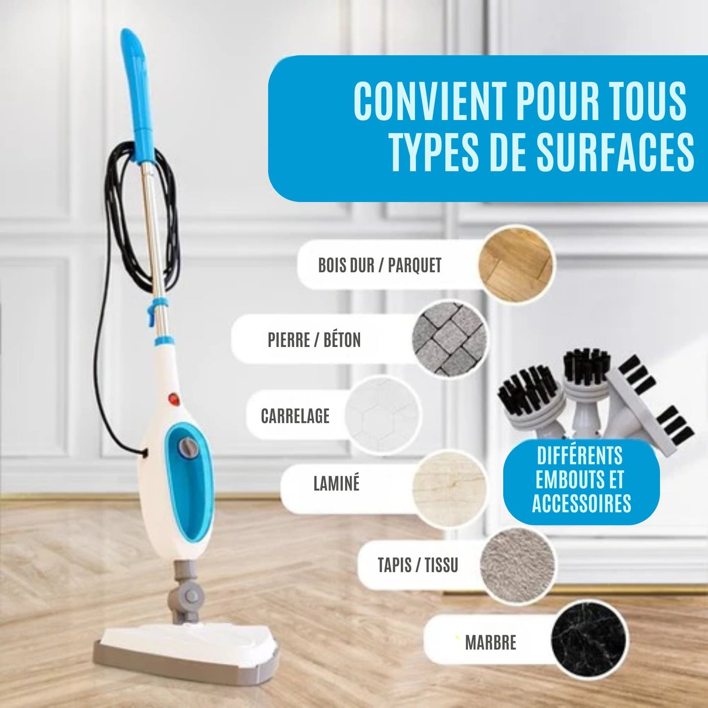 Nettoyeur Vapeur 12 en 1 – Strex - Défroisseur Manuel / Nettoyeur de Tapis / Détacheur - 1600W - Blanc et bleu