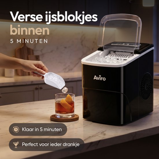 Machine à glaçons Aviro XL - 2 L - Avec cuillère à glace - Machine à glaçons - 16 kg / 24 h - Fonction d'auto-nettoyage - Noir