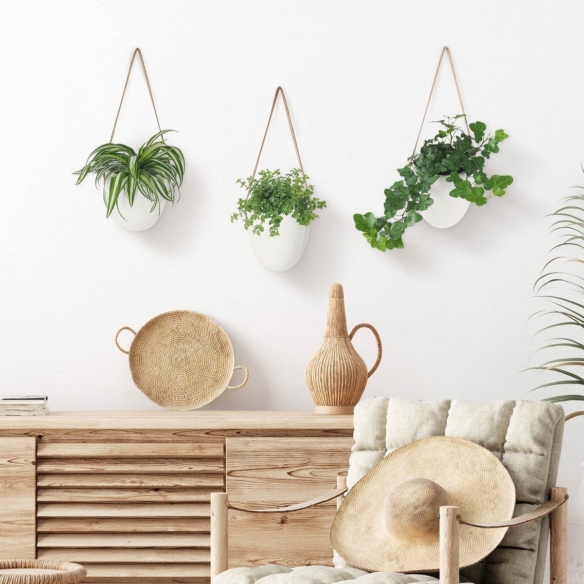 Gadgy Plant Hanger Ceramic - Set of 3 - White Stone - Pot de fleurs suspendu - avec 3 cordons différents - 12 x 11 x 9.5 cm