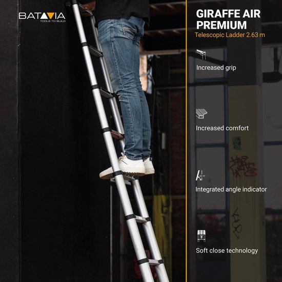 Batavia Echelle télescopique 2.63m - SoftClose & AntiSlip - Longueur étendue 263cm - Anti-slip - Soft-close breveté - Charge max 150kg - Hauteur de travail 363cm - Giraffe Air