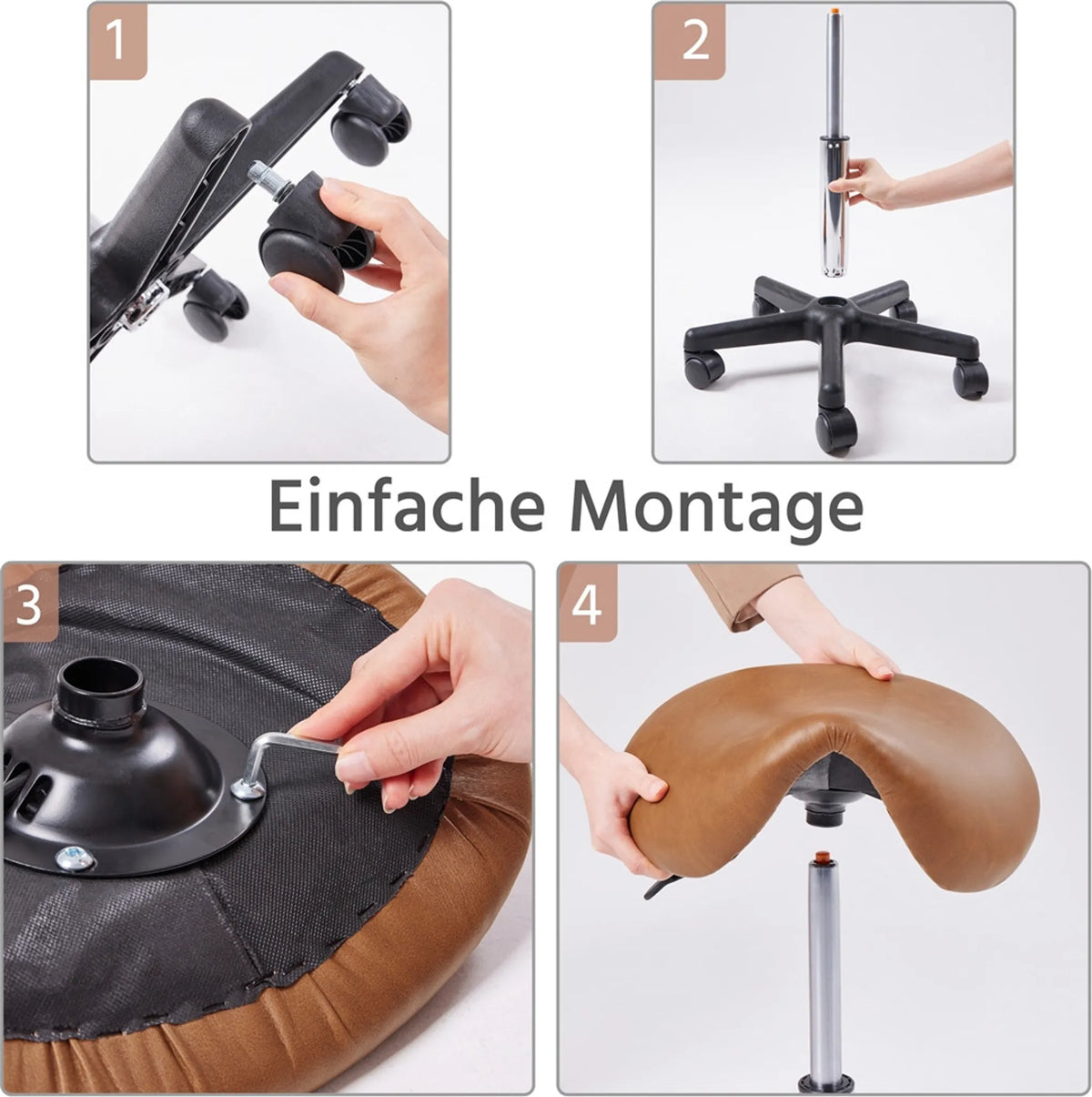 Yaheetech Tabouret de selle ergonomique - équipé d'un élévateur à gaz SGS réglable en hauteur et de roues en nylon pivotantes à 360° et d'une base chromée - pour salon de coiffure et cabinet - cuir synthétique PU marron rétro et métal - 50 x 50 x 45,5-60