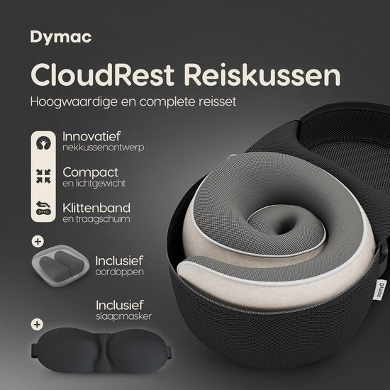 Dymac CloudRest Travel Pillow - Oreiller de cou - Soutien de la nuque - Oreiller de voyage en mousse à mémoire de forme - Comprend un masque pour les yeux et des bouchons d'oreille - Avec pochette de voyage - Beige
