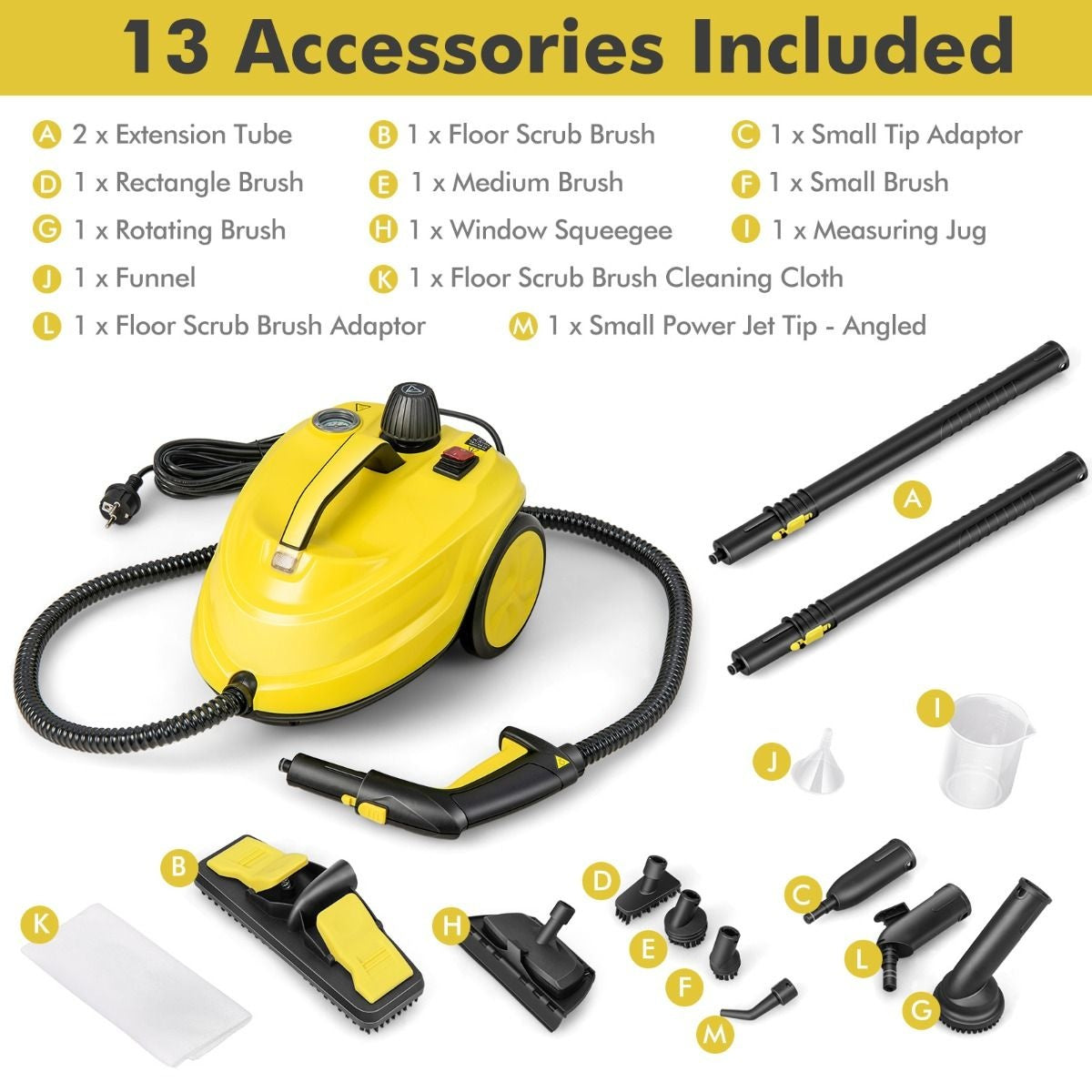 Coast Nettoyeur vapeur multifonction - 2000W, 5 Bar, 13 Accessoires, Capacité 1.8L - 37 x 26 x 25 cm - PP - Jaune
