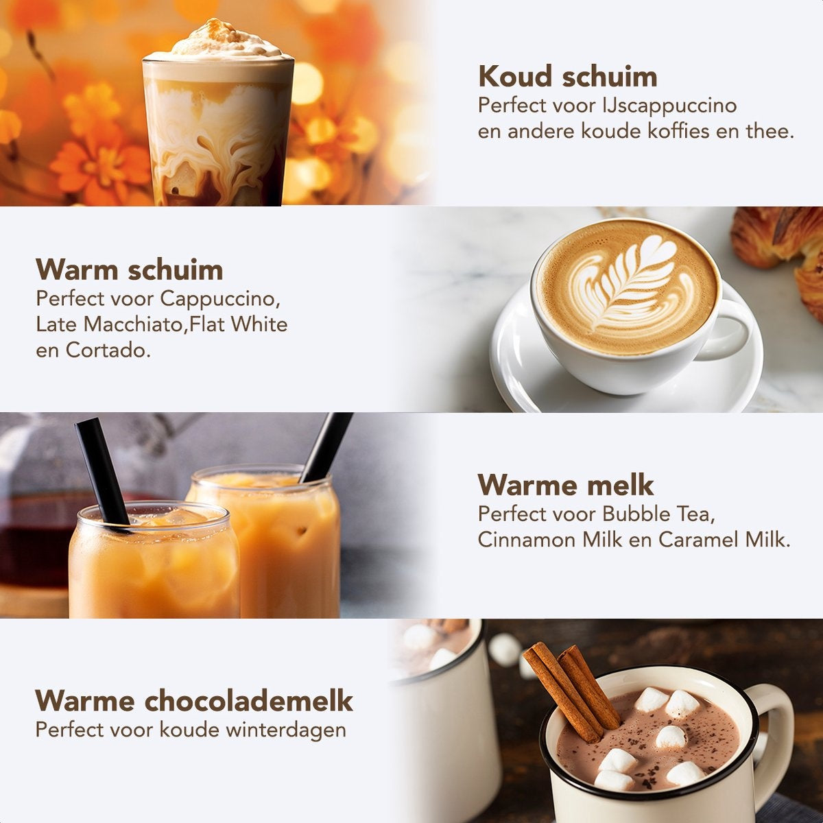 KitchenBrothers - Mousseur à lait électrique - Lavable au lave-vaisselle - 4-en-1 - 400 ML - Acier inoxydable/Noir