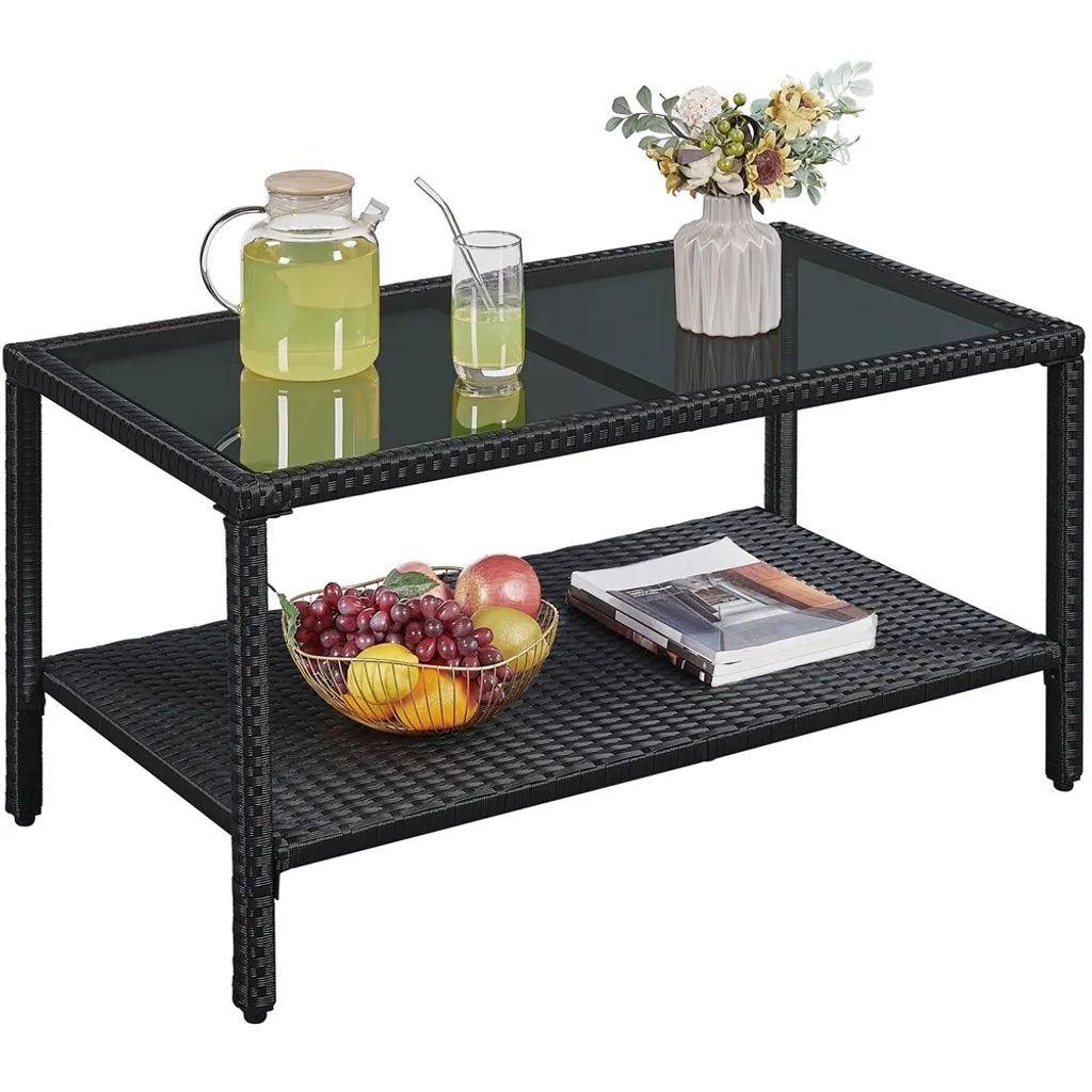 Yaheetech Table basse en rotin - Table d'appoint - Avec plateau en verre - Avec étagère - Intérieur/extérieur - Gris