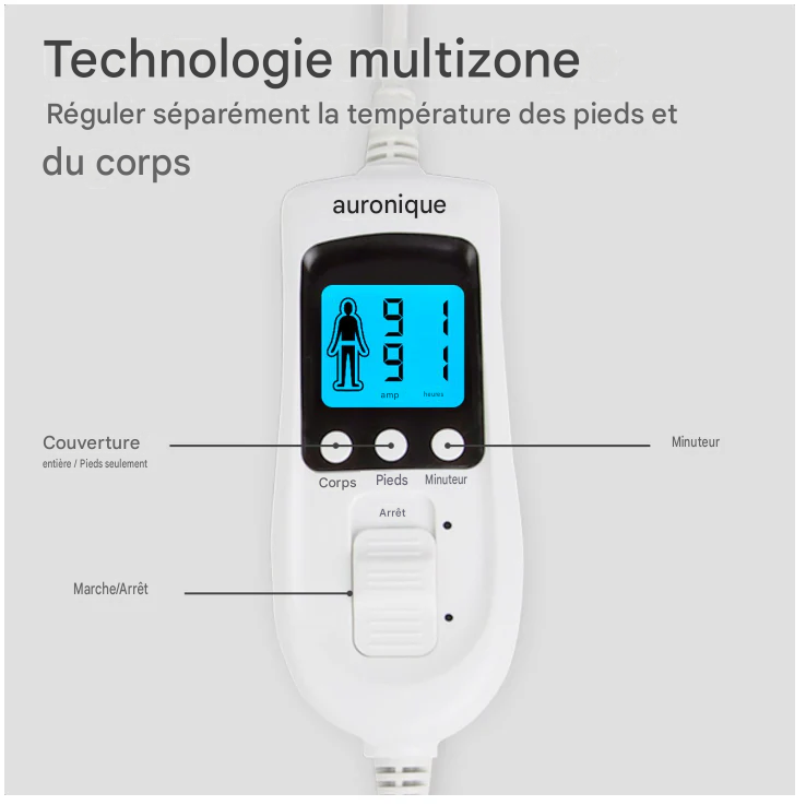 Auronic - Couverture électrique de luxe - 150x80 cm - Polyester blanc - 9 niveaux de chaleur et zone de pieds réglables séparément - Minuterie et protection contre la surchauffe - Lavable