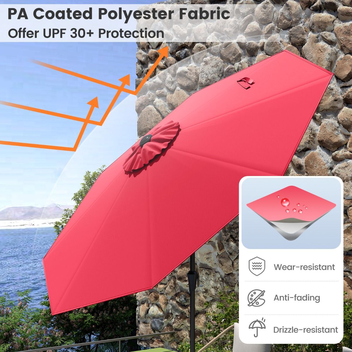 Coast Terrace Parasol 270 cm Wine Red - Grand parasol inclinable avec manivelle, protection UV et capot de parasol ventilé