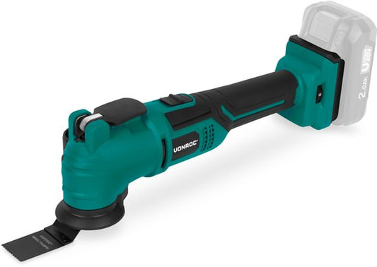 VONROC Accu Multitool 20V - avec lame de raclage, lame de scie circulaire, patin de ponçage et papier de verre - 6 vitesses : 7 000 - 19 000 tr/min - Batterie et chargeur non inclus
