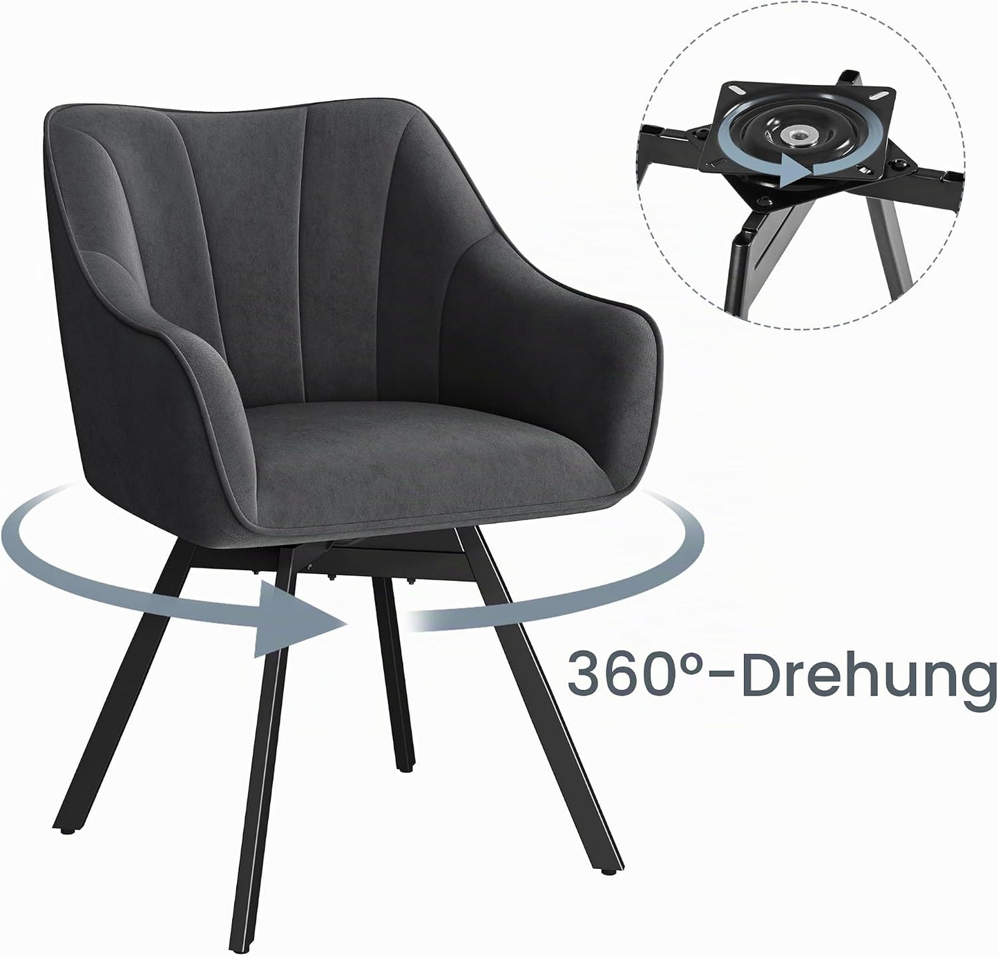 Chaise de salle à manger Yaheetech pivotante à 360° avec accoudoirs - Velours - 55 x 58,5 x 82 cm - Gris foncé