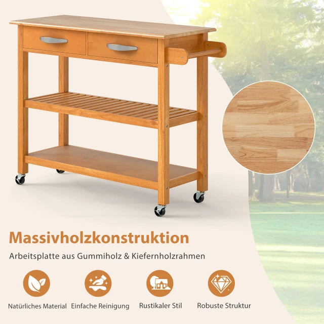 Coast Kitchen Trolley Wood - Étagère de cuisine mobile avec 2 tiroirs et 2 étagères - 106 x 43 cm