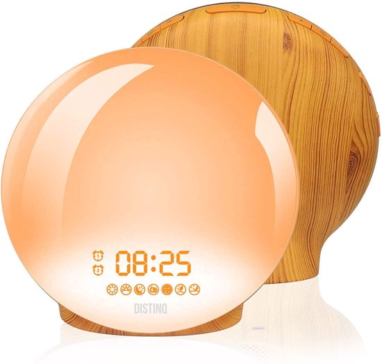 DistinQ Wake-Up Light - Radio-réveil avec double réveil - Aide au sommeil avec connexion USB - Couleur bois
