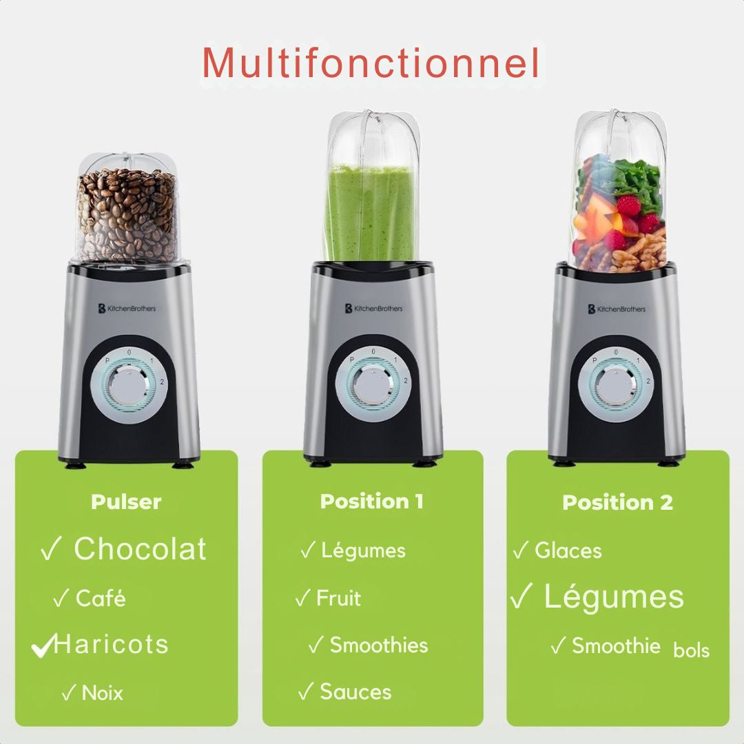 Mixeur Smoothie - KitchenBrothers - 13 Pièces - 4 Gobelets - 350W - acier inoxydable