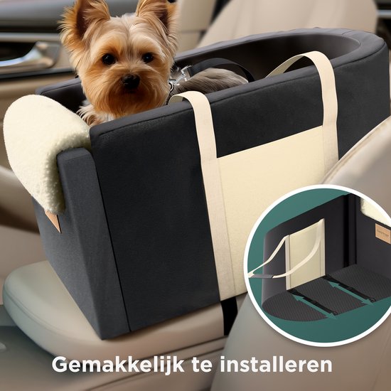 CozySense® Siège auto pour chien - Panier auto pour chien avec housse lavable - Pour petit chien - S'adapte à la console centrale - Sert également de sac de transport - Noir/Beige